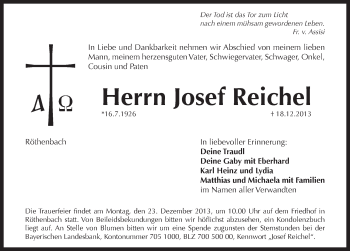 Traueranzeige von Josef Reichel von Pegnitz-Zeitung